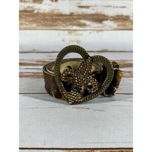 Bridget Shuster Cowhide Wide Brown Belt – Fleur‑de‑Lis Heart, Brass, Rhinestones